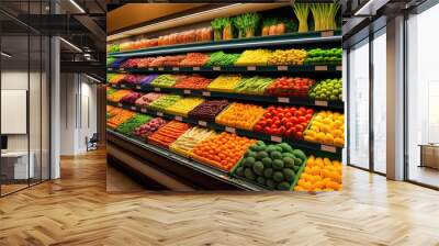 Generative AI illustration of fresh and colorful, fruit and vegetable section of the supermarket Wall mural