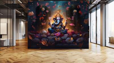 generative ai illustration of ganesha hindu god, with flowers, oil painting taken up into heaven, si Wall mural