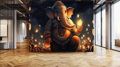 Generative AI illustration of Ganesha Hindu God , with flowers, oil painting taken up into heaven, sitting in front of bokeh mandala background Wall mural