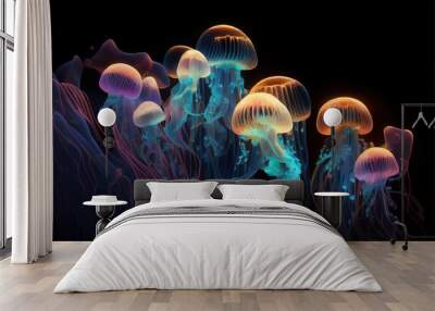 Generative AI illustration of Glowing sea jellyfishes on dark background, light, magic, sea Wall mural