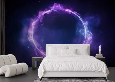 Generative AI illustration of neon smoke exploding outwards with empty center. Dramatic smoke or fog effect for spooky, hot lighting ring circle Wall mural