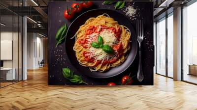 Generative AI illustration of tasty appetizing classic italian spaghetti pasta with tomato sauce, cheese parmesan and basil on plate on dark table. View from above Wall mural