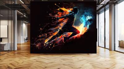 Generative AI illustration of the essence of a soccer player in motion as they kick a ball with intense energy, surrounded by vibrant colors and splashes Wall mural