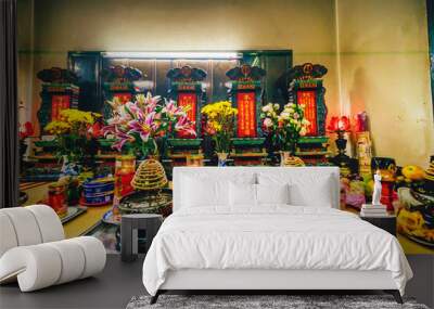 Interior of Thousand Buddha Temple or Chua Van Phat pagoda in District 5, Ho Chi Minh City, Vietnam near mid-Autumn festival on Aug 31 2020 Wall mural