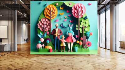 origami spring background, joyful elderly, happy family with parent, colorful. Paper cut craft, 3d paper illustration style, pop color. Neural network generated art. Wall mural