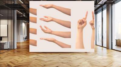 Set of woman's hand measuring invisible items. a hand holding something like a bottle or some products Wall mural