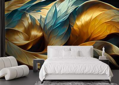 Swirling golden and blue. Acrylic Fluid Art. Dark blue waves in abstract ocean and golden foamy waves. Marble effect background or texture. Spectacular abstract glistening golden solid liquid waves Wall mural