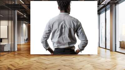 Back view mid body shot of a 25 year old handsome African man wearing a striped button-down shirt and black trousers, isolated on a white transparent background Wall mural