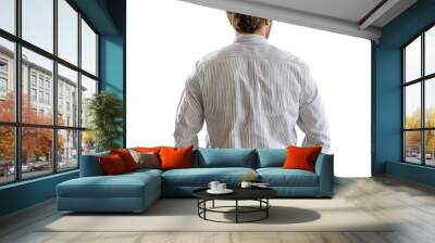 Back view mid body shot of a 25-year-old handsome Caucasian man wearing a striped long-sleeve shirt and chinos isolated on a white transparent background Wall mural