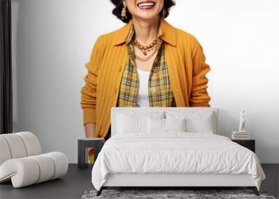 Front view mid shot of a 60-year-old chic Asian woman dressed in a mustard yellow cardigan and plaid midi skirt, smiling on a white transparent background Wall mural