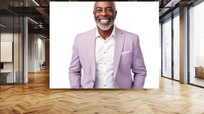 Front view mid shot of a 60-year-old handsome Black man dressed in a light gray blazer over a lavender dress shirt and light gray dress pants, smiling on a white transparent background Wall mural