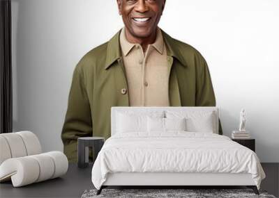 Front view mid shot of a 60-year-old handsome Black man dressed in a soft olive green cardigan and beige dress trousers, smiling on a white transparent background Wall mural