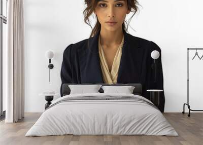 Front view mid shot of an elegant Indian female model adorned in a sophisticated navy blazer and tailored beige trousers, isolated on a white transparent background Wall mural