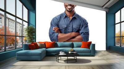 Front view of an extremely handsome black african male model dressed as a Mechanic smiling with arms folded, isolated on a white transparent background. Wall mural