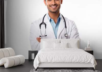 Front view of an extremely handsome Indian male model dressed as a Doctor smiling with arms folded, isolated on a white transparent  background Wall mural