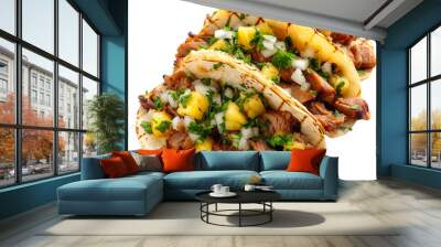 Front view of Tacos al Pastor with Mexican marinated pork tacos, featuring thinly sliced pork cooked on a vertical rotisserie, isolated on white transparent background Wall mural