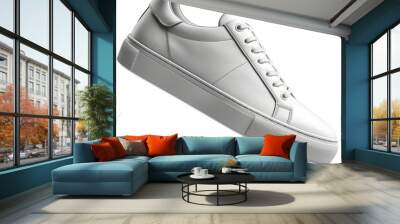 Side view of a single new white leather low-top sneaker isolated on a white transparent background Wall mural