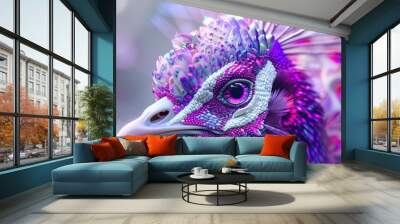 Closeup photograph of a peacocks eye and beak with purple and blue feathers Wall mural