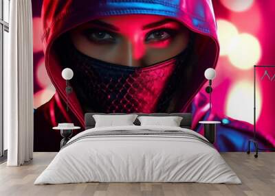 closeup portrait, beautiful female gangster wearing hood, mask and leather jacket in neon scene background Wall mural