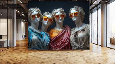 Colorful group of statues taking a selfie in vibrant sunglasses Wall mural