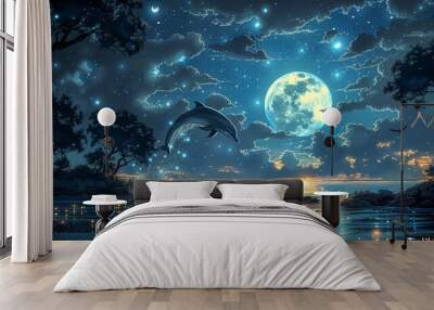 Dolphin jumping out of the water against the backdrop of the full moon Wall mural