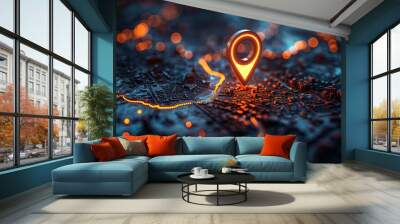 Glowing Map Marker on Night Cityscape Wall mural