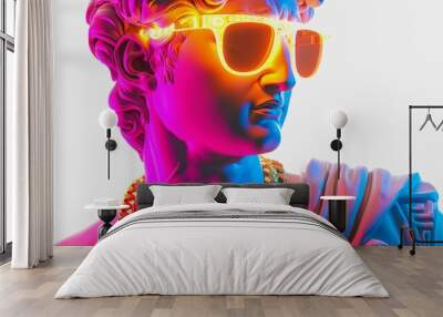 Greek statue with gold chain in neon light and sunglasses Wall mural