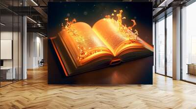 Mystery of an open book with shining pages. Fantasy book with magic light. Wall mural