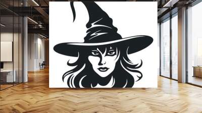 witch with traditional hat - sorceress costume for halloween black and white vector portrait Wall mural