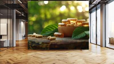 Wooden stump with pills and leaves, natural ingredients for cuisine closeup Wall mural