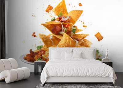 Nachos flying with plate isolated on white background Wall mural