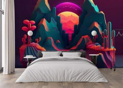 3d render, of a fantasy landscape minimalistic and abstract, geometric background, colorful neon linear sign. Created using generative AI. Wall mural