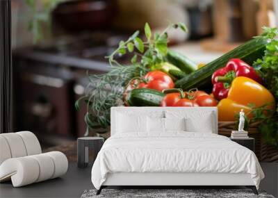 A basket of vegetables including tomatoes, cucumbers, and peppers Wall mural