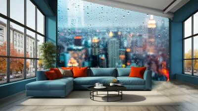 A city view with raindrops on the window Wall mural