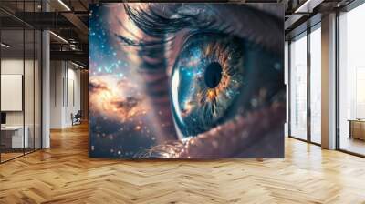 A close up of a person's eye with a galaxy reflected in it Wall mural