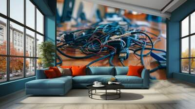 A tangle of power cords and adapters under a conference table Wall mural