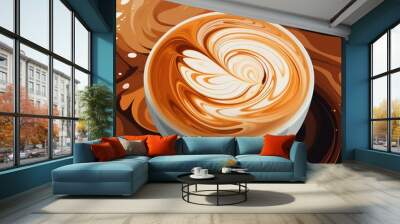 An illustration of a close-up of expertly pouring latte art, creating intricate designs on a frothy cup of coffee Wall mural