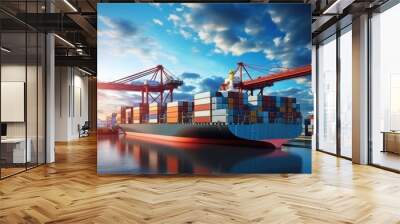 Container ship transporting container boxes at an import-export dock with quay cranes. Wall mural