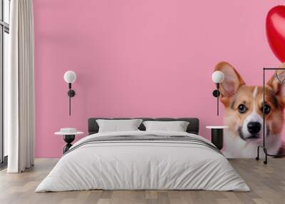 Corgi with Heart Balloon, adorable corgi holding a heart-shaped balloon against a vibrant pink backdrop, perfect for celebrating love and Valentine's Day. Wall mural