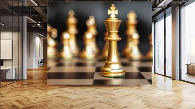 Elegant chess board featuring a gleaming gold king piece, symbolizing strategy and power in a classic game of intellect and skill, set against a rich wooden background. Wall mural