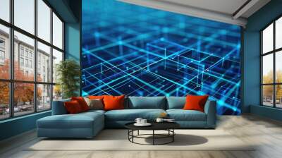 Glowing Edge Wireframe Structures, featuring intricate 3D designs, vibrant neon outlines, set against a dynamic abstract futuristic backdrop, evoking a sense of advanced technology. Wall mural