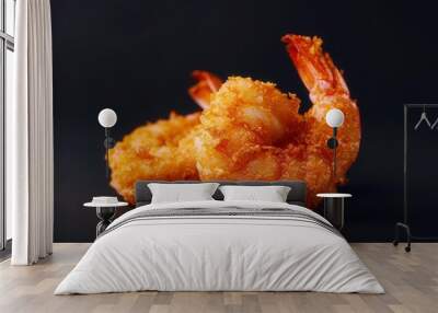 Golden Crispy Shrimp Tail, enticing close-up showcasing a perfectly fried shrimp with a rich golden hue, emphasizing a delightful texture and appealing shine against a smooth background Wall mural