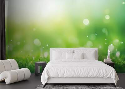 Green grass field and blue sky create a summer landscape background with a blurred bokeh effect. Wall mural