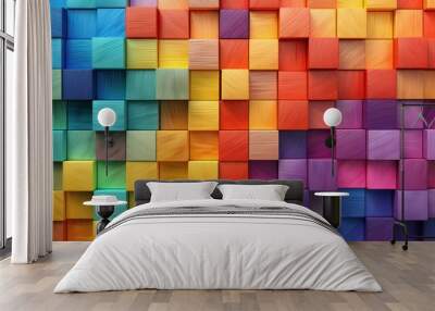 Rainbow-colored 3D wooden square cubes create a textured wall background. Wall mural