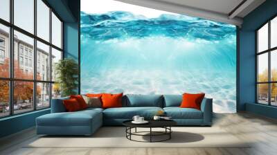 Vibrant Underwater Scene, expansive view of shimmering blue ocean waves, clear pool depths revealing sandy sea bottom, creating a serene and tranquil aquatic atmosphere Wall mural