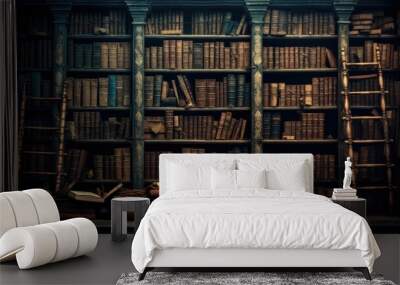 Wall adorned with rows of old ancient books in a library. Wall mural