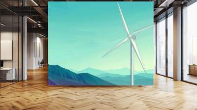 Wind Energy Innovation, a vivid flat design illustration showcasing a close-up of a wind turbine, emphasizing sustainable power sources and environmental consciousness. Wall mural