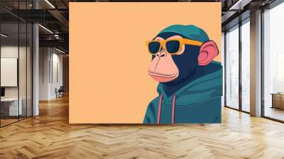 A bored monkey in a flat style wears a hoodie and neon sunglasses, exuding a quirky, modern vibe. Wall mural