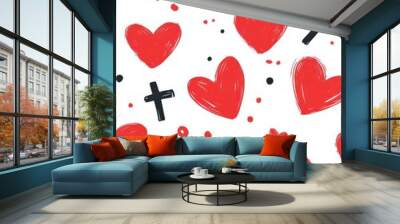 A charming heart and cross pattern set against a clean white background, perfect for adding a touch of love and faith. Wall mural