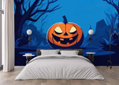 A cheerful pumpkin grins amidst a vibrant Halloween scene, perfect for celebrating the spooky season with style. Wall mural